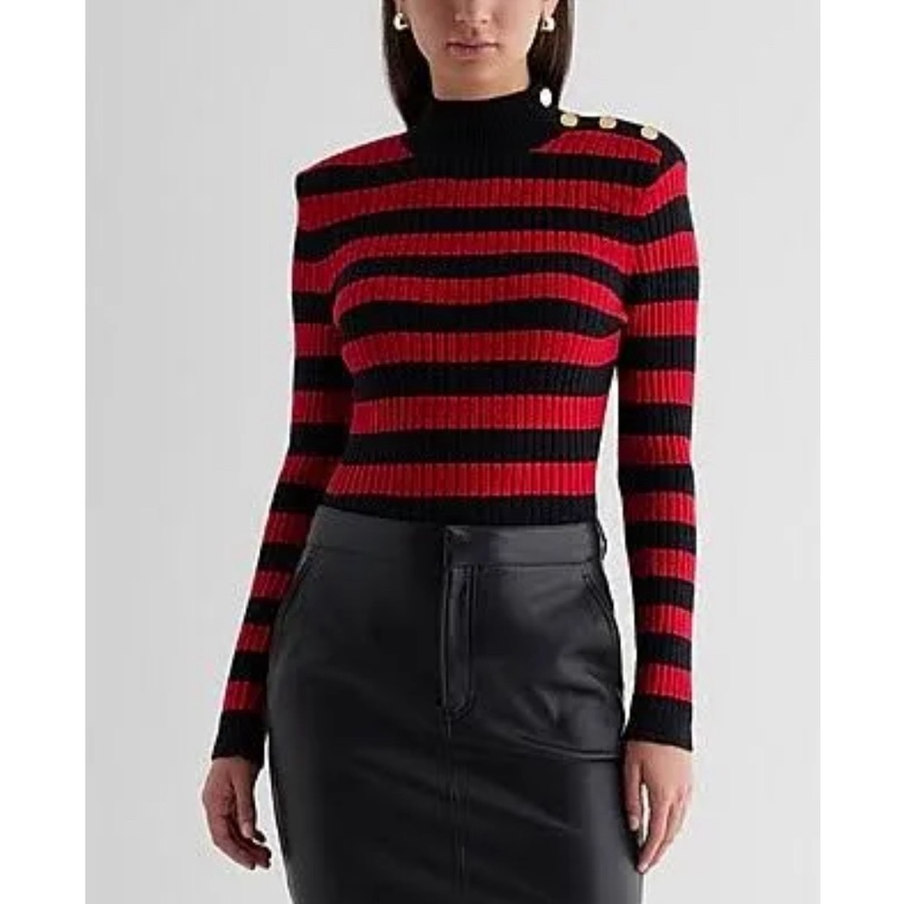 Express Striped Mock Neck Padded Shoulder Novelty Button Sweater. Size S